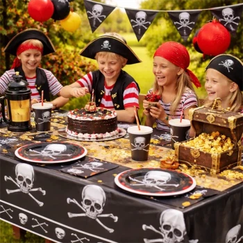 Børn til pirat fødselsdag med bord dækket med pirat dug i plast, skattekiste, kage og pirat festartikler