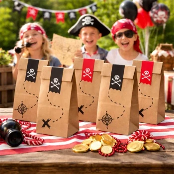Børn til pirat fødselsdag med pirat slikposer fyldt med slik og guldmønter til skattejagt