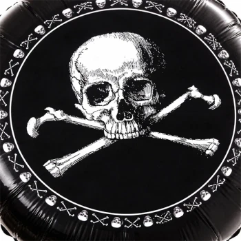 Close-up af pirat folieballon 45 cm med detaljeret dødningehoved og sort blank folie overflade