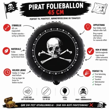 Pirat folieballon 45 cm med dødningehoved motiv – perfekt til pirat fødselsdag og temafest, kan fyldes med helium eller luft