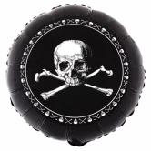Pirat folieballon 45 cm sort med dødningehoved og krydsede knogler på hvid baggrund