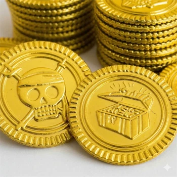 Close-up af pirat guldmønter med skattekiste og dødningehoved motiv til skattejagt og pirat fødselsdag