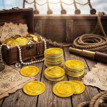 Pirat guldmønter i skattekiste på træbord til skattejagt og pirat fødselsdag