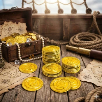 Pirat guldmønter i skattekiste til skattejagt og pirat fødselsdag med pirat tema dekoration