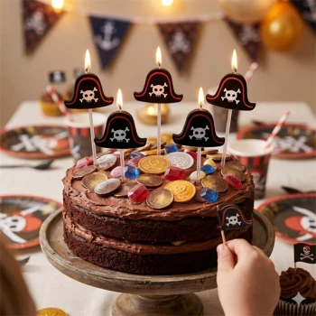 Pirat kagelys på chokoladekage til pirat fødselsdag med pynt og festbord