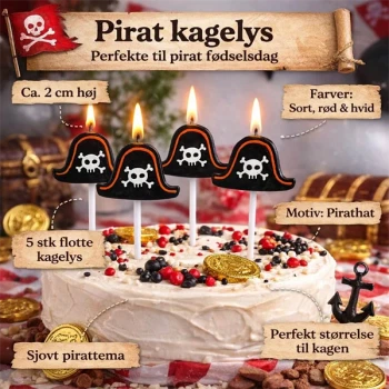 Infografik med pirat kagelys 5 stk 2 cm på kage til pirat fødselsdag med produktinformation