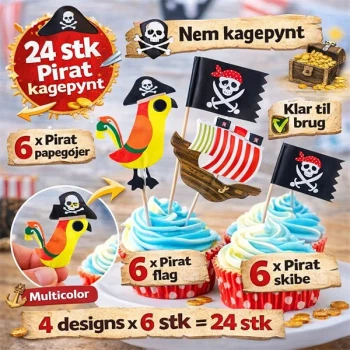 Pirat kagepynt 24 stk cupcake toppers med papegøje piratflag og piratskib til børnefødselsdag