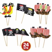 Pirat kagepynt 24 stk cupcake toppers med piratflag papegøje og piratskib til børnefødselsdag