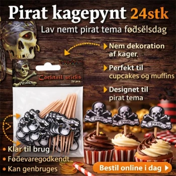 Infografik med pirat kagepynt 24 stk til cupcakes og børnefødselsdag med pirat tema