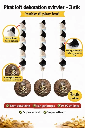 Pirat loft dekoration svirvler 3 stk infografik med funktioner nem ophæng og pirat motiv