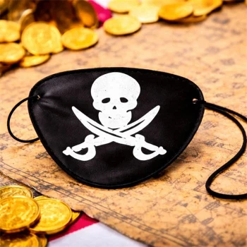 Pirat øjeklap med dødningehoved på skattekort med guldmønter til pirat børnefødselsdag