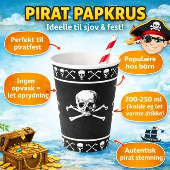 Infografik af pirat papkrus 8 stk med dødningehoved design – perfekt til pirat fødselsdag og borddækning