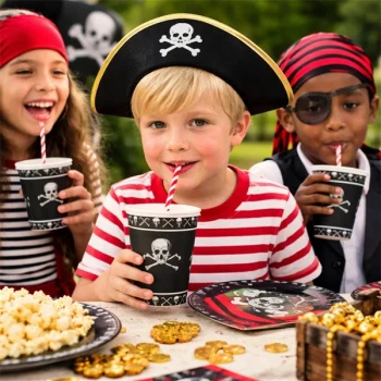 Børn til pirat fødselsdag drikker af pirat papkrus med dødningehoved design ved festbord