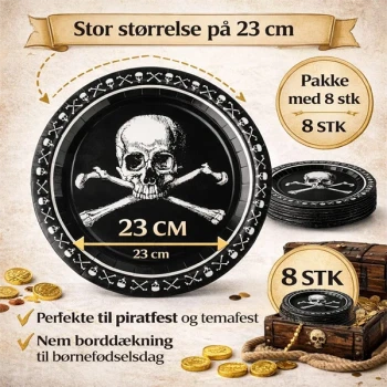 Pirat paptallerkner 23 cm 8 stk infografik med størrelse og pakke information til pirat fødselsdag