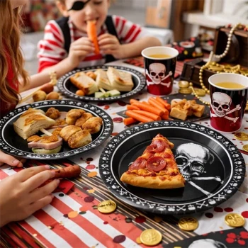 Børn spiser snacks ved pirat fødselsdag med pirat paptallerkner 23 cm og borddækning