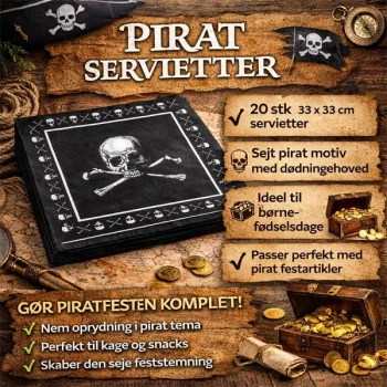 Infografik med pirat servietter 20 stk 33x33 cm med dødningehoved til pirat fødselsdag og borddækning