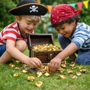 Børn klædt som pirater leger skattejagt med guldklumper i plast ved skattekiste