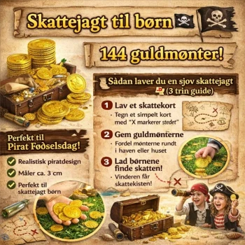 Infografik med pirat guldmønter til skattejagt børn og pirat fødselsdag med 144 guldmønter