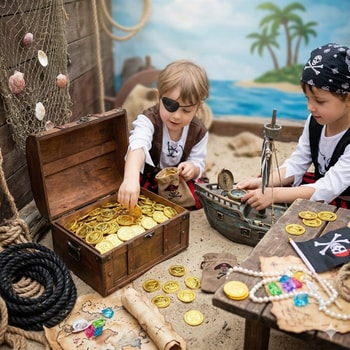 Børn leger pirat skattejagt med guldmønter og skattekiste til pirat fødselsdag
