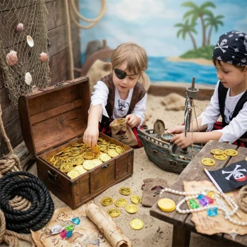 Børn leger pirat skattejagt med guldmønter og skattekiste til pirat fødselsdag