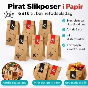 Infografik med pirat slikposer i papir 6 stk med størrelse og brug til børnefødselsdag og skattejagt