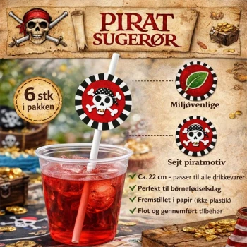 Pirat sugerør 6 stk i kop med rød saft – infografik med miljøvenlige papir sugerør til pirat fødselsdag