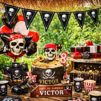 Pirat vimpel guirlande med dødningehoved hængt op som dekoration indendørs til fest