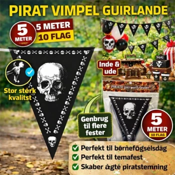 Pirat vimpel guirlande 5 meter med 10 flag infografik til børnefødselsdag og temafest