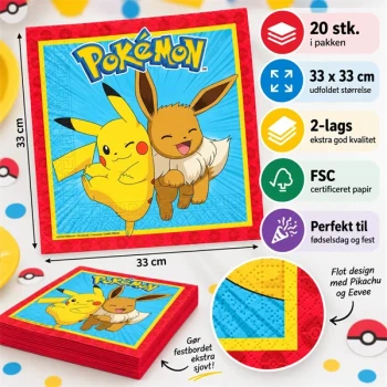 Pokémon servietter 33 x 33 cm med Pikachu og Eevee – 20 stk. 2-lags FSC papirservietter