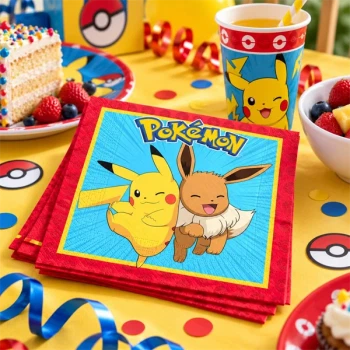 Pokémon servietter med Pikachu og Eevee på borddækning til Pokémon fødselsdag