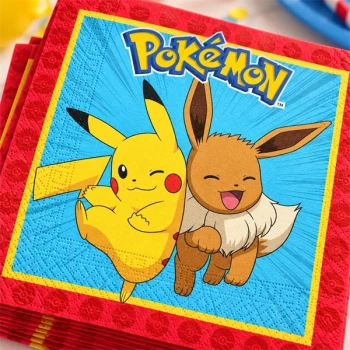 Pokémon servietter med Pikachu og Eevee – close-up af motiv og papirstruktur