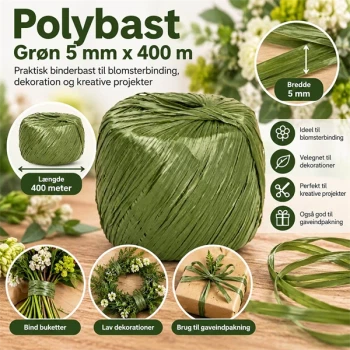Infografik med grøn polybast 5 mm x 400 m til blomsterbinding og dekoration