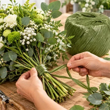 Grøn polybast brugt som binderbast til blomsterbinding af buket