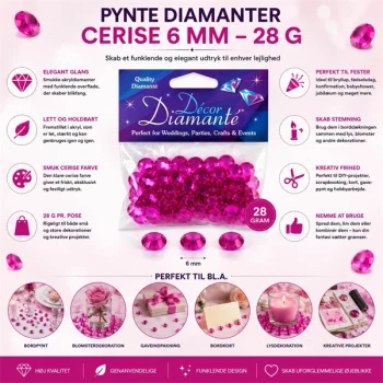 Infografik med pynte diamanter cerise 6 mm 28 g til bordpynt, bryllup, konfirmation, babyshower og kreative hobbyprojekter.