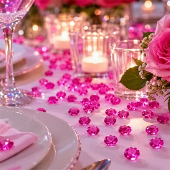Cerise pynte diamanter som elegant bordpynt med lys, blomster og romantisk festbord.