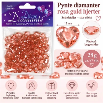 Pynte diamanter rosa guld hjerter 12 mm – 28 g ca. 87 stk.