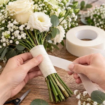 Råhvid blomstertape 26 mm anvendt til blomsterbinding af buket