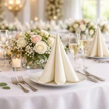 Råhvid airlaid serviet foldet dekorativt på hvid tallerken, elegant festbord med blomster og champagneglas