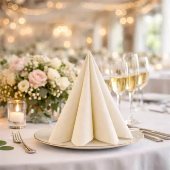 Råhvid airlaid serviet foldet elegant på hvid tallerken, pyntet festbord med blomster, lys og champagneglas