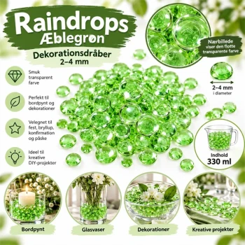 Infografik med Raindrops æblegrøn 2–4 mm, 330 ml, til bordpynt, glasvaser og kreative dekorationer.