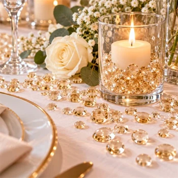 Raindrops Champagne dekorationsdråber som elegant bordpynt omkring glaslysestage med levende lys, hvide roser og champagnefarvet bryllupsdekoration.