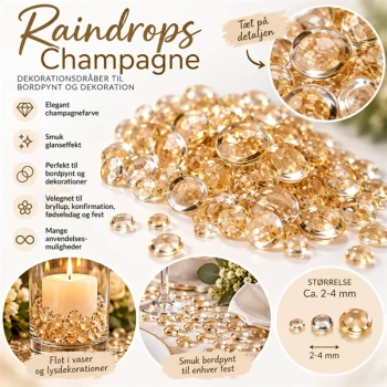 Infografik med Raindrops Champagne dekorationsdråber, transparent champagnefarve, glanseffekt og inspiration til bordpynt, bryllup og festdekoration.