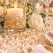 Raindrops Champagne dekorationsdråber som romantisk bordpynt omkring en glaslysestage med levende lys, hvide roser og elegant bryllupsdekoration.