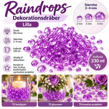 Infografik over lilla Raindrops dekorationsdråber 2-4 mm, 330 ml, til bordpynt, glasvaser og kreative dekorationer