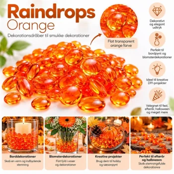 Infografik med Raindrops Orange dekorationsdråber og idéer til orange bordpynt, blomsterdekorationer, DIY-projekter og halloweenpynt.