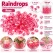 Infografik med Raindrops Rosa dekorationsdråber 2-4 mm, 330 ml, og idéer til bordpynt, blomsterdekorationer og festpynt.