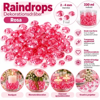 Infografik med Raindrops Rosa dekorationsdråber 2-4 mm, 330 ml, og idéer til bordpynt, blomsterdekorationer og festpynt.