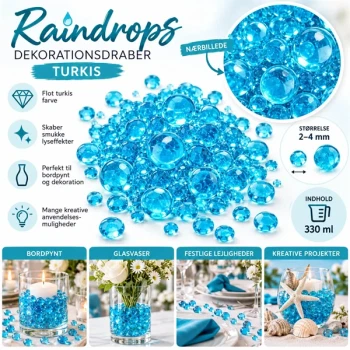 Infografik med Raindrops turkis 2–4 mm, 330 ml, dekorationsdråber til bordpynt, glasvaser og kreative dekorationer.