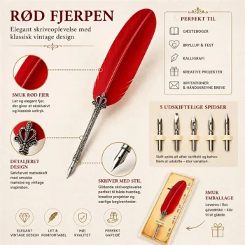 Rød fjerpen med udskiftelige spidser til gæstebog, bryllup, kalligrafi og kreative projekter vist i infografik.