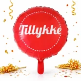 Rød rund folie ballon 46 cm med Tillykke tekst på hvid baggrund